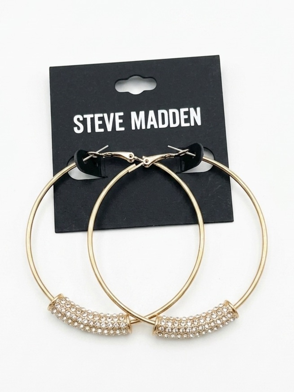 Steve Madden Gold Tone Hoop Earrings with Pave Crystal Bars